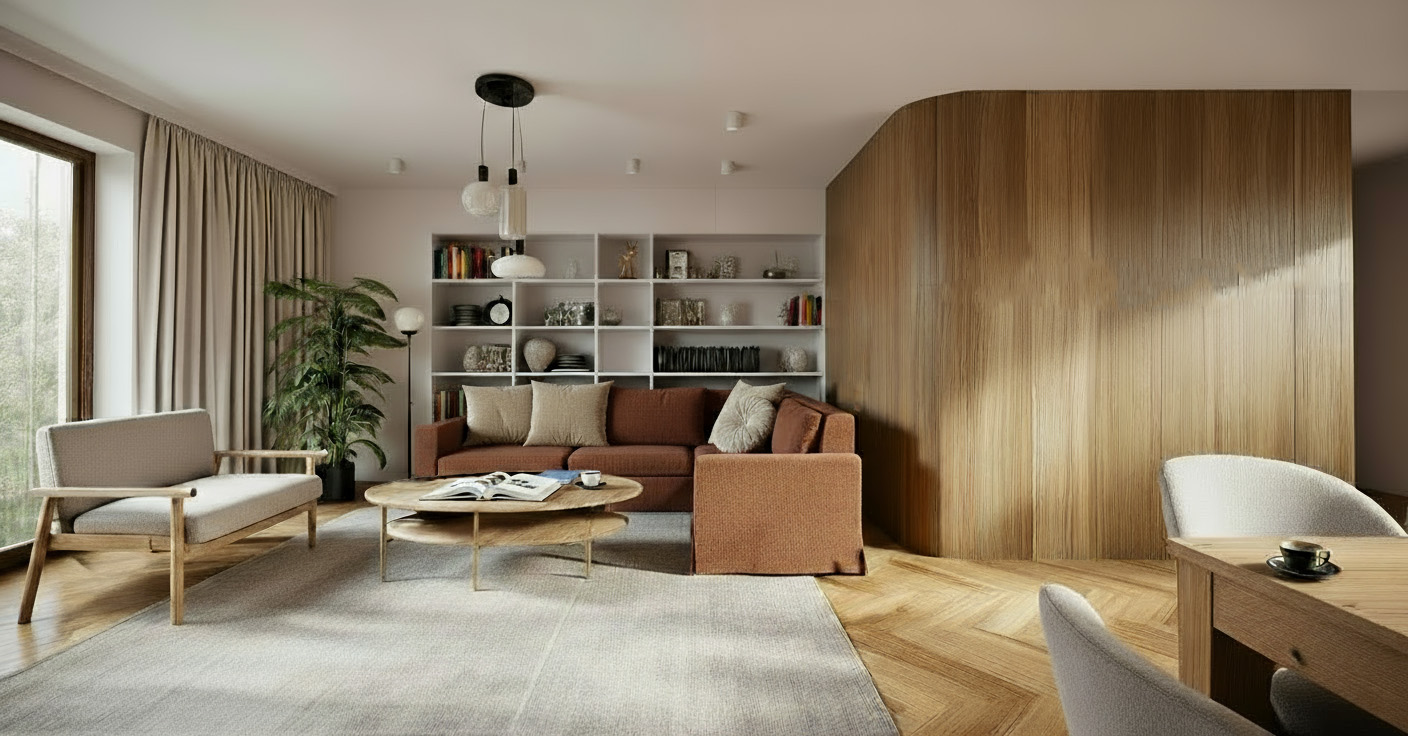 Projekt wnętrza domu | Mid century modern – kuchnia, salon, jadalnia